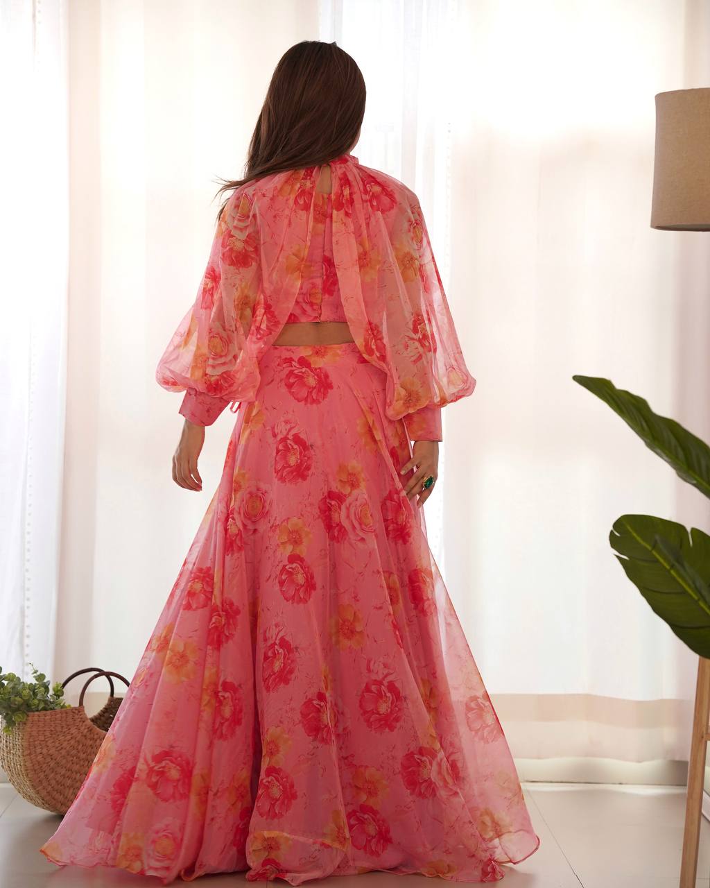 Blush Bloom Multi Floral Organja Fabric Lehengha Choli