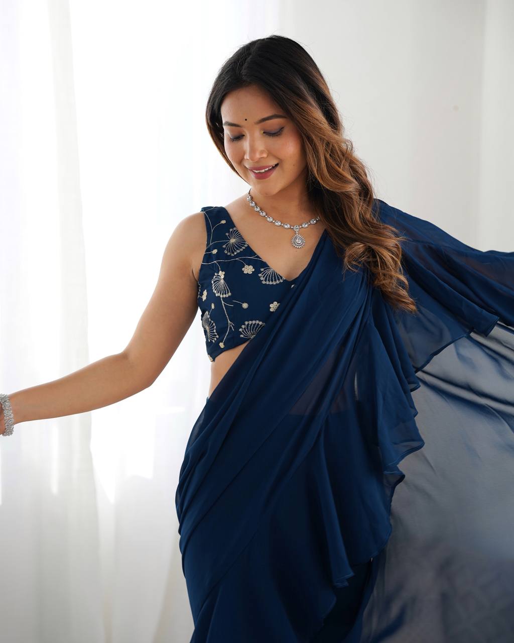 Stylish Navy Blue Ruffle Saree Pant Set