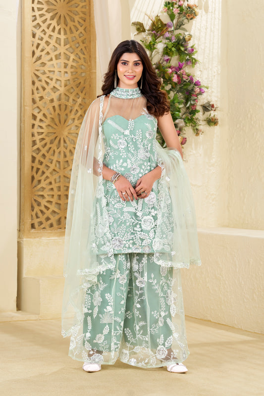 Liora Mint Pastel Botanical White Thread Motifs and Floating Dupatta