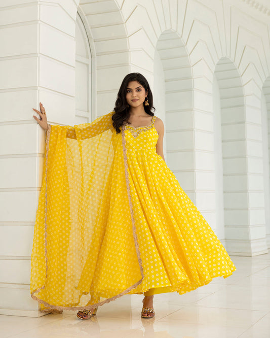 Bandhej Yellow Anarkali With Pants And Dupatta
