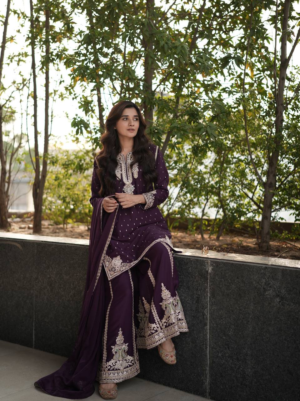 Jameela Royal Ensemble Plum Embroidered Sharara Suit