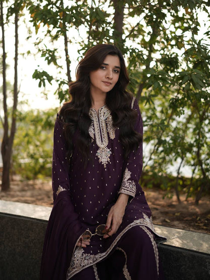 Jameela Royal Ensemble Plum Embroidered Sharara Suit