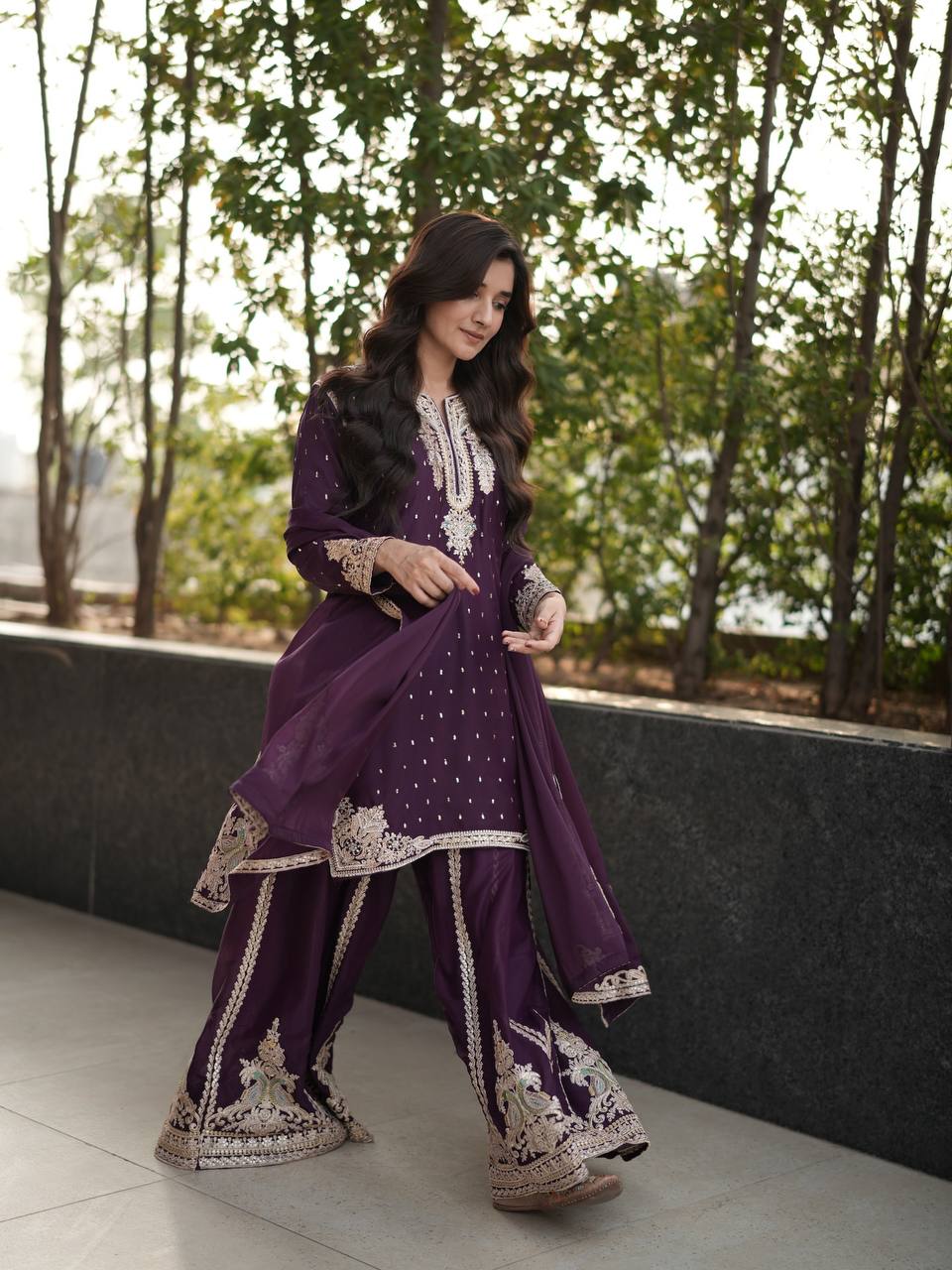 Jameela Royal Ensemble Plum Embroidered Sharara Suit