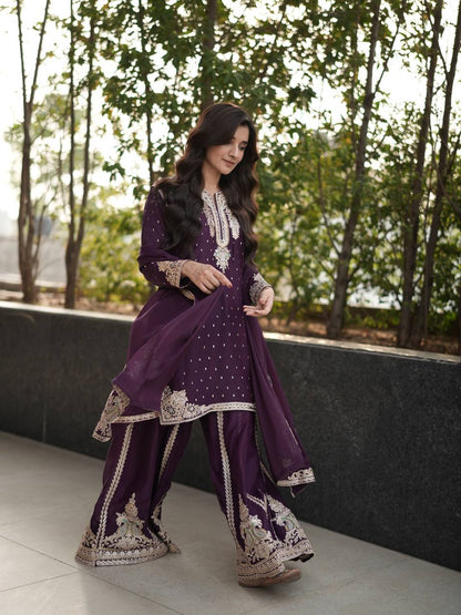 Jameela Royal Ensemble Plum Embroidered Sharara Suit