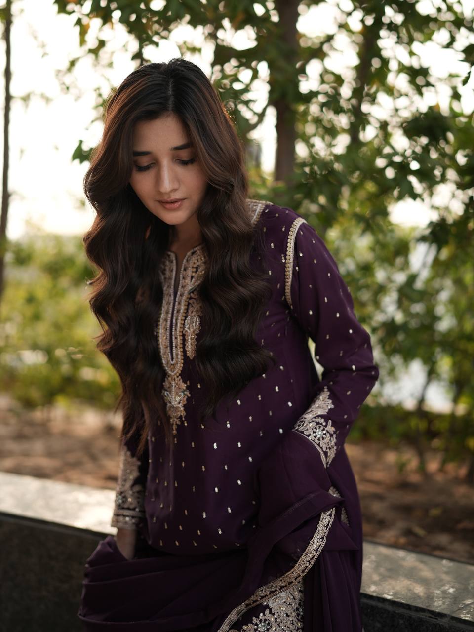 Jameela Royal Ensemble Plum Embroidered Sharara Suit