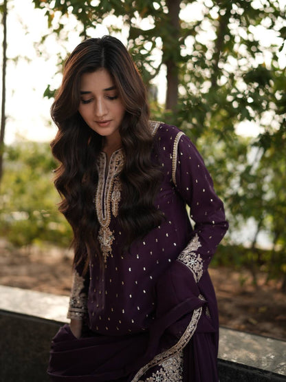 Jameela Royal Ensemble Plum Embroidered Sharara Suit
