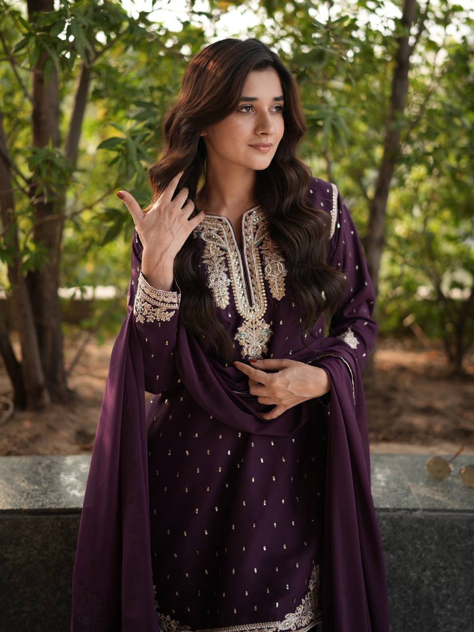 Jameela Royal Ensemble Plum Embroidered Sharara Suit