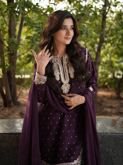Jameela Royal Ensemble Plum Embroidered Sharara Suit
