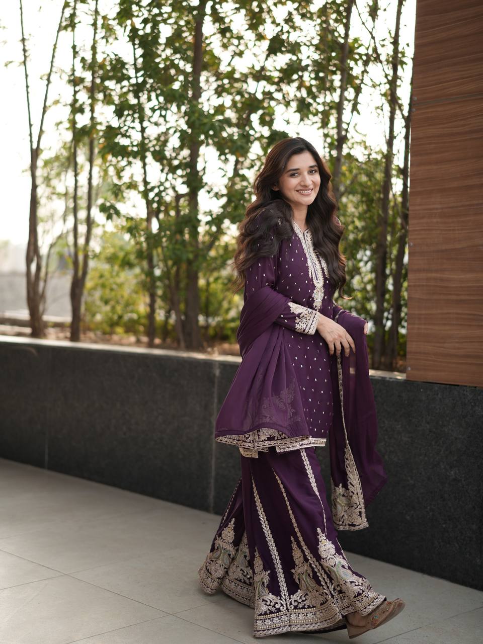 Jameela Royal Ensemble Plum Embroidered Sharara Suit