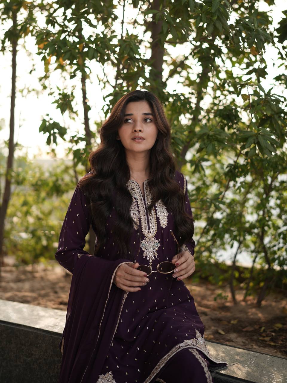 Jameela Royal Ensemble Plum Embroidered Sharara Suit
