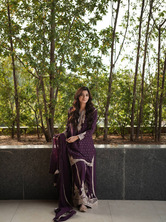 Jameela Royal Ensemble Plum Embroidered Sharara Suit