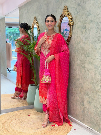 Royal Rani Pink Bandhej Kurta Set