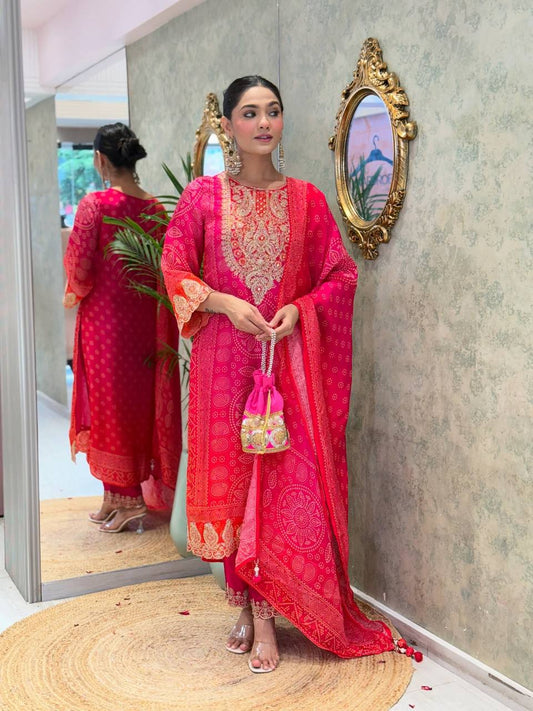 Royal Rani Pink Bandhej Kurta Set