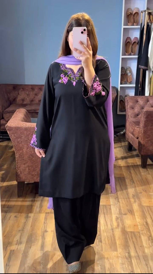 Noor e Siyah Regal Black with Purple Bloom Party Wear Suit Set