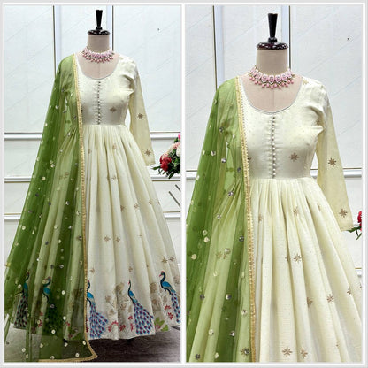 Ivory Grace Anarkali with Royal Peacock Embroidery & Olive Net Dupatta