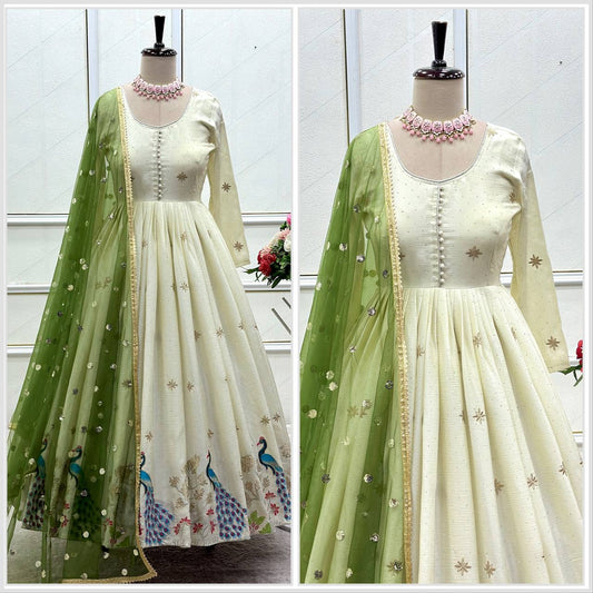 Ivory Grace Anarkali with Royal Peacock Embroidery & Olive Net Dupatta