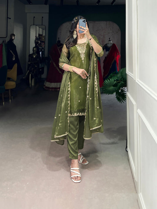 Royal Olive Sheer Charm Ethnic Wear Suit Set