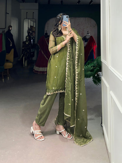 Royal Olive Sheer Charm Ethnic Wear Suit Set