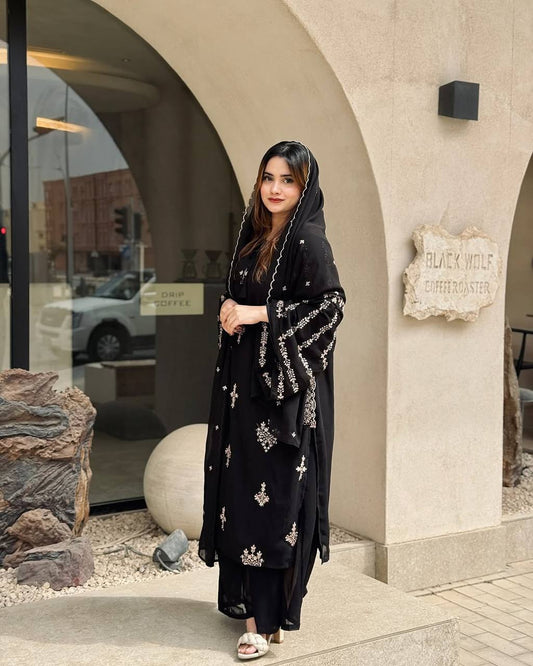 Midnight Bloom Embroidered Black Suit Set
