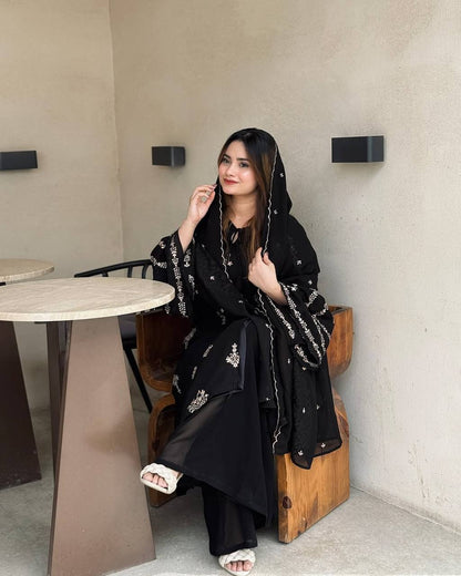 Midnight Bloom Embroidered Black Suit Set