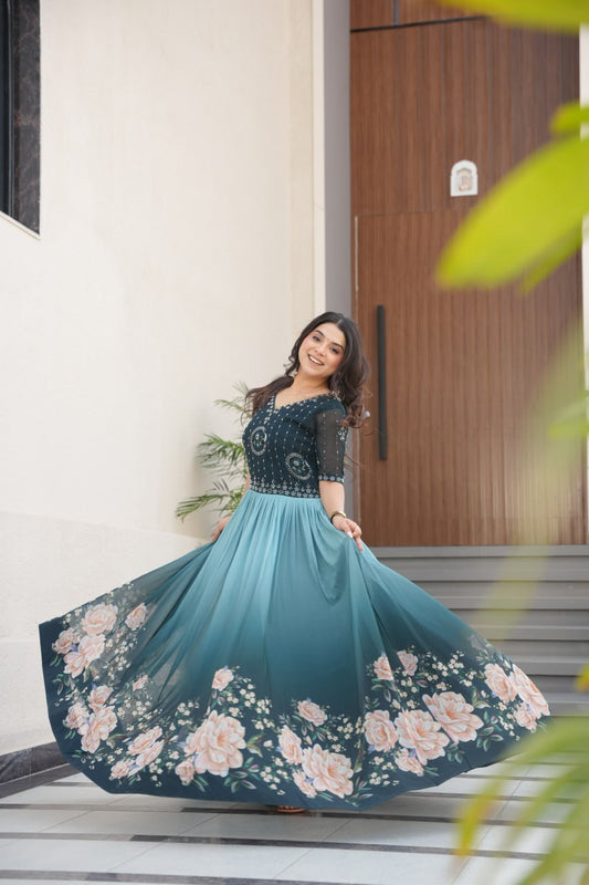 Sara Rich Floral Digital Print Designer  Anarkali Gown