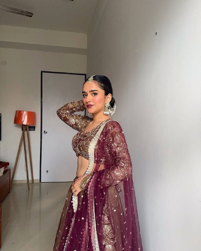 Regal Glow Maroon & Gold Embellished Lehenga Ensemble
