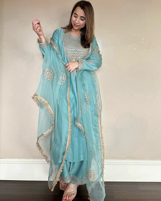 New Designer Mist Blue Regal Vichitra Silk Kurta Set