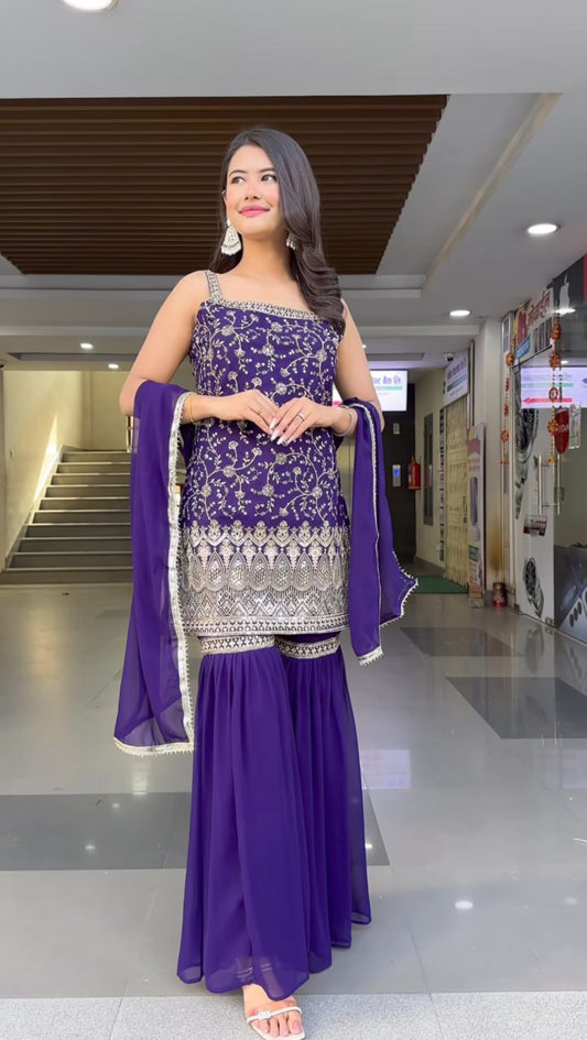 Jasmine Royal Plum Designer Heavy Embroidery Sharara Set