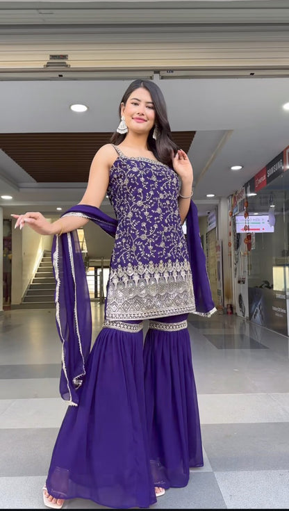 Jasmine Royal Plum Designer Heavy Embroidery Sharara Set