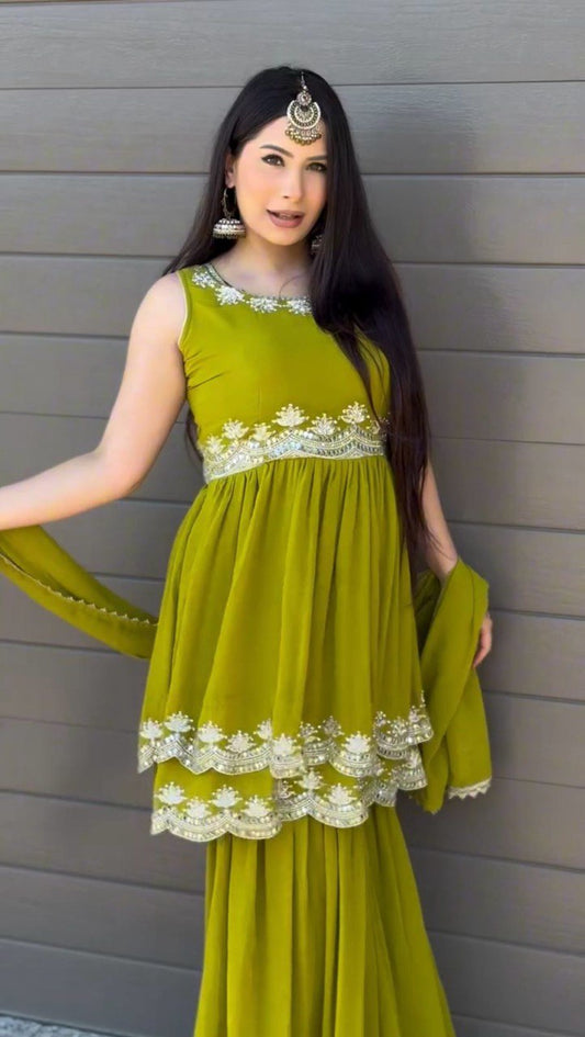 Zaitoon Zariya Embroidered Olive Green Sharara Set