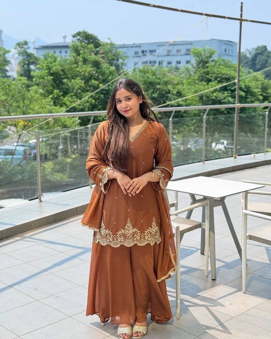 Caramel Elegance Embroidered Party Wear Top Sharara Set