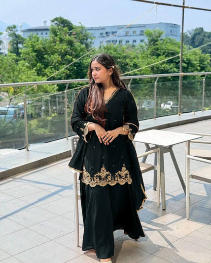 Caramel Elegance Embroidered Party Wear Top Sharara Set