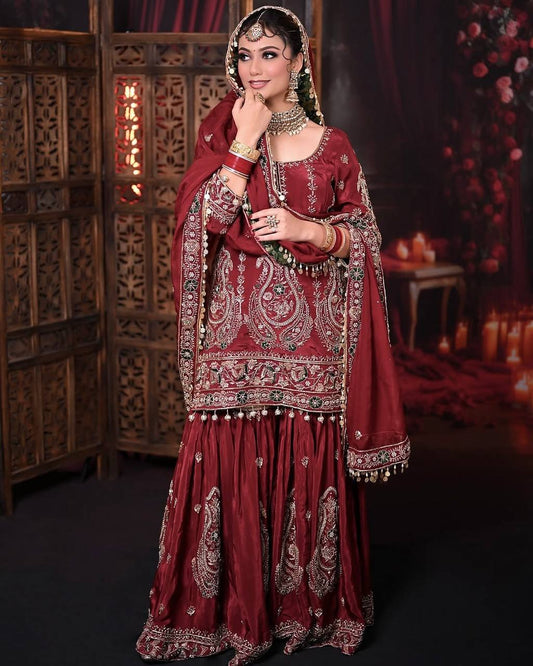 Ruh Maroon Heirloom Readymade Party Wear Top Plazzo Set