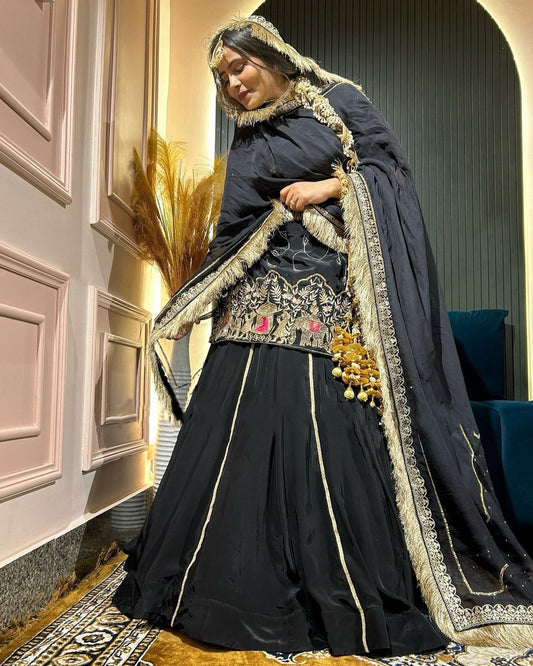 Zaaya Midnight Veil Lehenga with Antique Gold Embroidery & Fringed Dupatta
