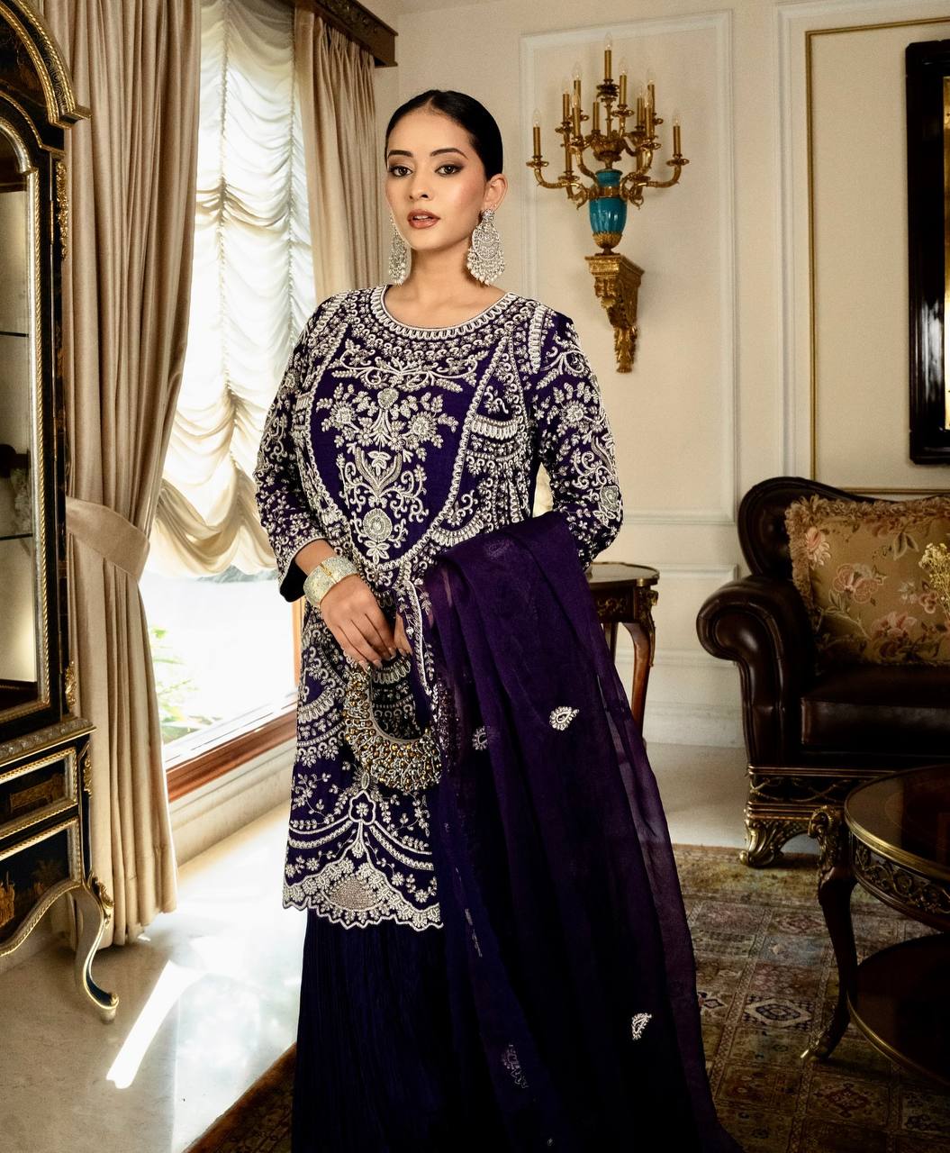Nooraniya Deep Purple Flared Embroidered Kurta with Pleated Plazzo Set