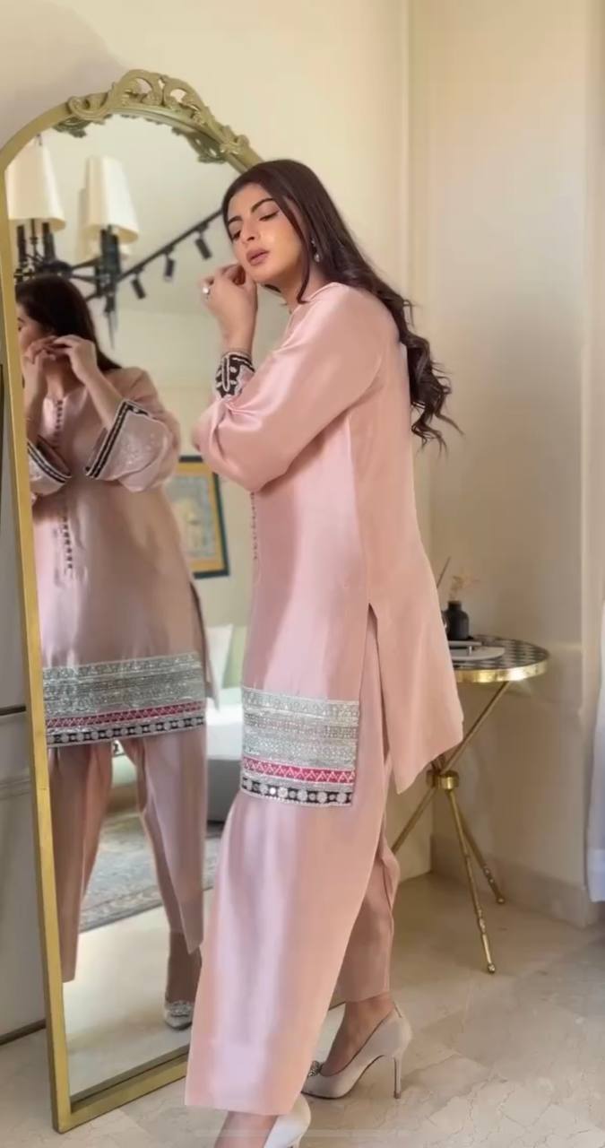 Natural Creap Embroidered Sequence Work With Fancy Top pent Dupatta Set