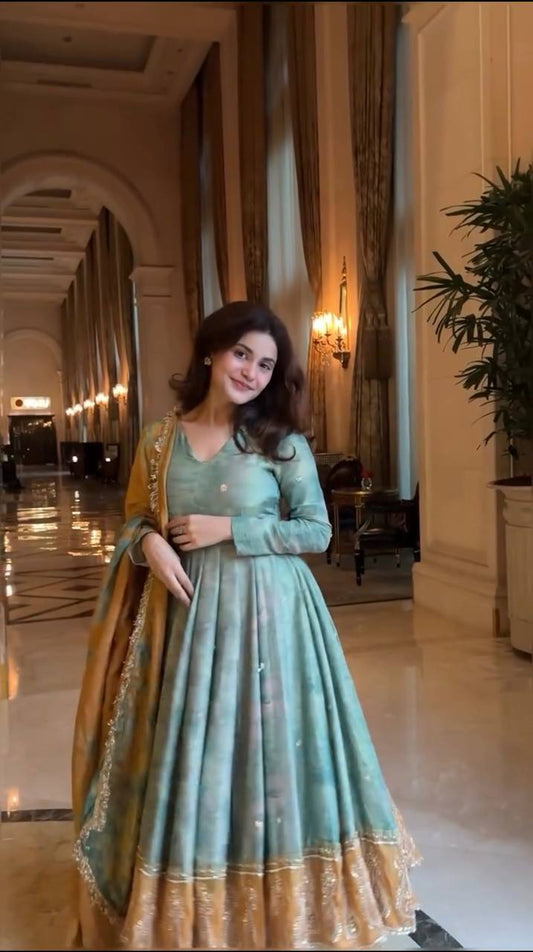 Royal Raaga Hand Dyed Olive & Mustard Gota Lace Border Gown