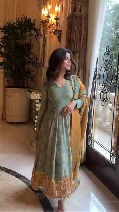 Royal Raaga Hand Dyed Olive & Mustard Gota Lace Border Gown