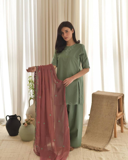 Aaira Olive Green Franch Crep Fancy Top And Salvar
