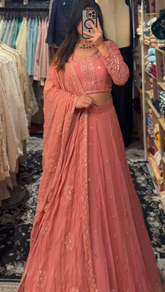 Peach Blossom Empress Mirror Embellished Regal Wear Lehenga Choli