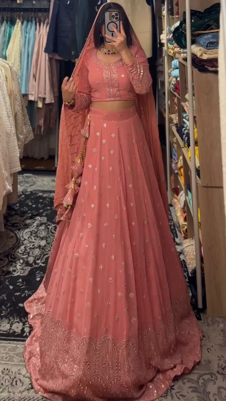 Peach Blossom Empress Mirror Embellished Regal Wear Lehenga Choli