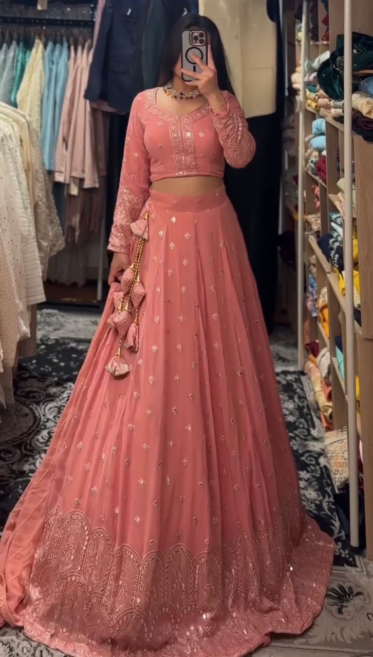 Peach Blossom Empress Mirror Embellished Regal Wear Lehenga Choli