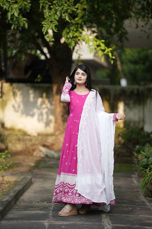 Blush Bloom Pink Embroidered Anarkali Set with White Lace Dupatta