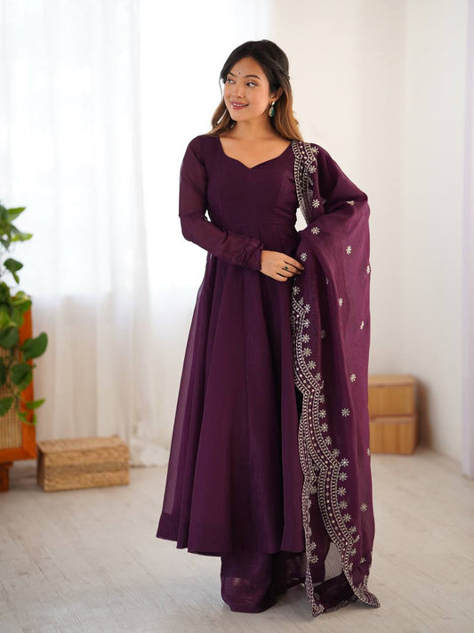 Royal Plum Swirl Embroidered Anarkali Set