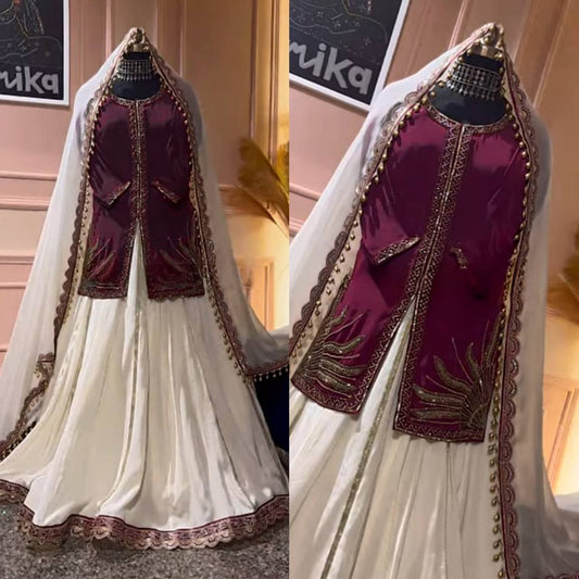Aaradhya Regal Dream Natural Crep Maroon & Ivory Suit Set