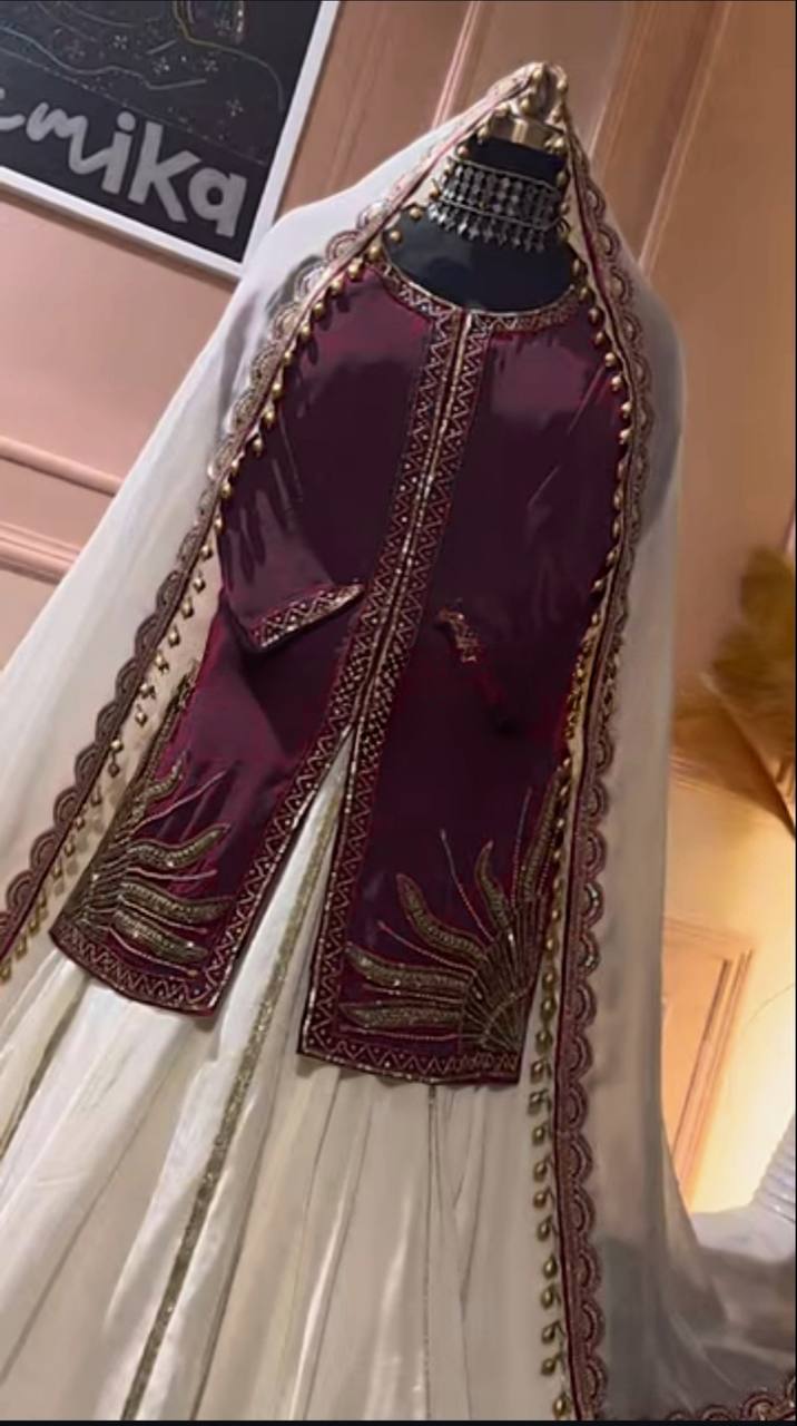 Aaradhya Regal Dream Natural Crep Maroon & Ivory Suit Set