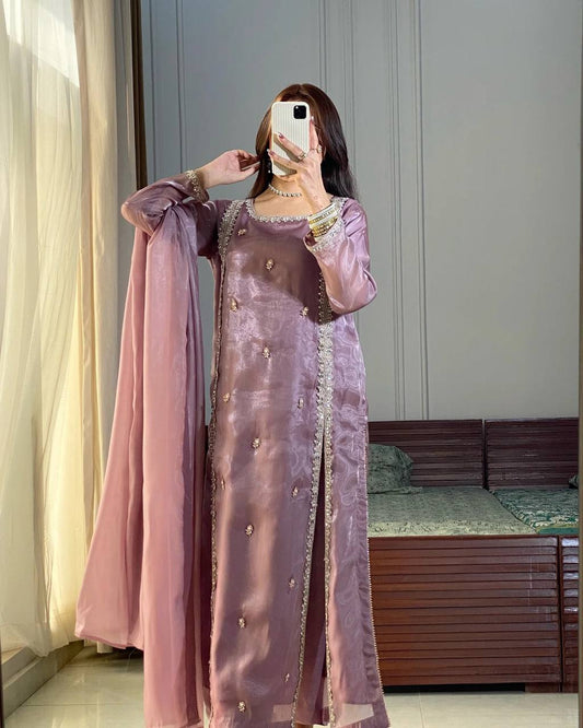 Gulnaar Designer Party Wear Look Pur jimmy choo Silk Top Plazzo & Dupatta Set