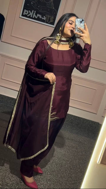Royal Maroon Patiala Suit with Golden Embroidery Suit Set