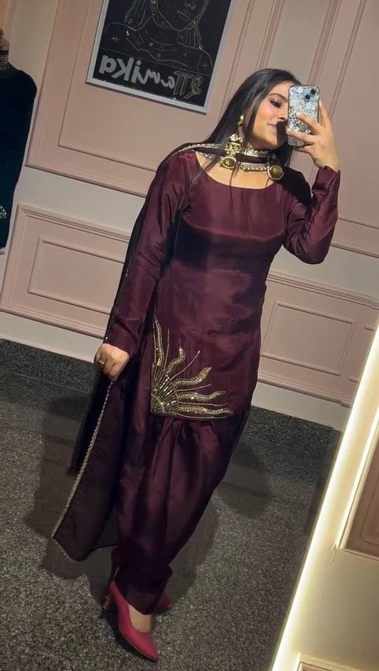 Royal Maroon Patiala Suit with Golden Embroidery Suit Set