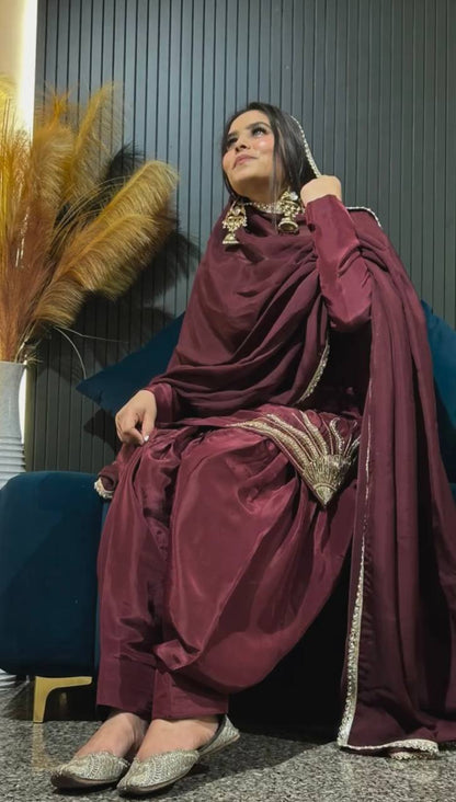 Royal Maroon Patiala Suit with Golden Embroidery Suit Set